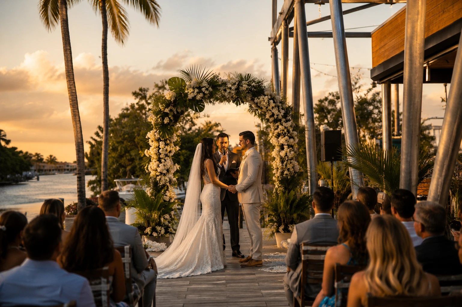 Waterfront wedding celebration at Celebration Park Naples at sunset
